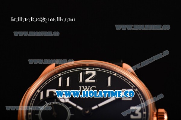 IWC Portugieser Hand-Wound Asia 6497 Manual Winding Rose Gold Case with Black Dial Black Leather Strap and White Arabic Numeral Markers - Click Image to Close