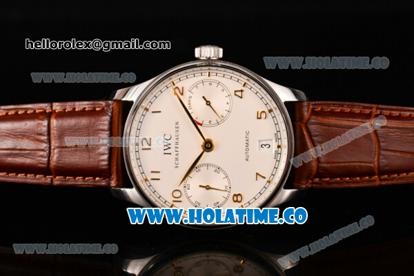 IWC Portuguese Asia Automatic Steel Case with Rose Gold Arabic Numeral Markers White Dial and Brown Leather Strap - Click Image to Close