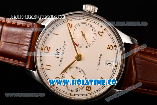 IWC Portuguese Asia Automatic Steel Case with Rose Gold Arabic Numeral Markers White Dial and Brown Leather Strap - Click Image to Close