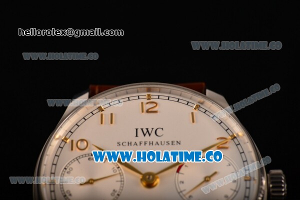 IWC Portuguese Asia Automatic Steel Case with Rose Gold Arabic Numeral Markers White Dial and Brown Leather Strap - Click Image to Close