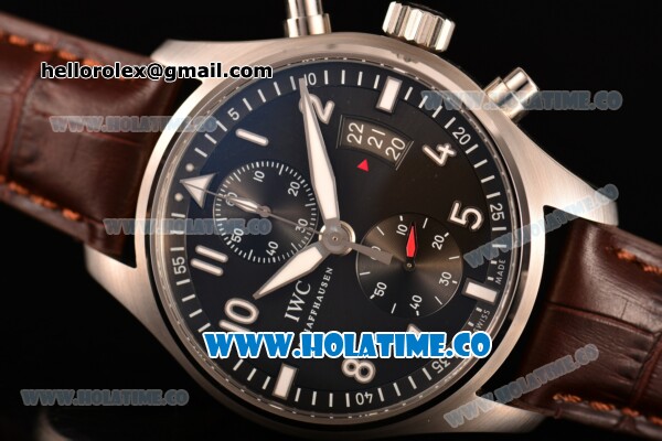 IWC Pilot's Watch Chrono Swiss Valjoux 7750 Automatic Steel Case with Grey Dial and Brown Leather Strap - White Arabic Numeral Markers (BP) - Click Image to Close
