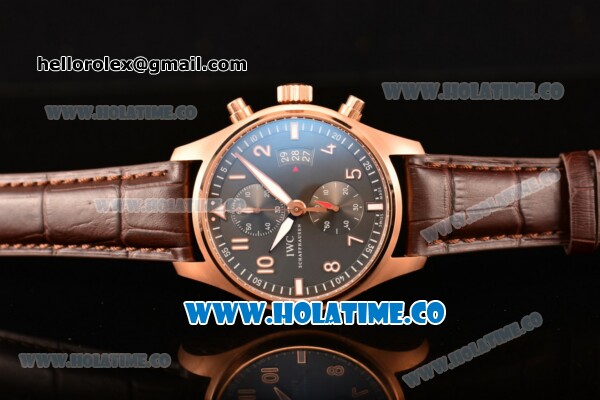 IWC Pilot's Watches Spitfire Chronograph Swiss Valjoux 7750 Automatic Rose Gold Case with Grey Dial Brown Leather Strap and Numeral Markers (BP) - Click Image to Close