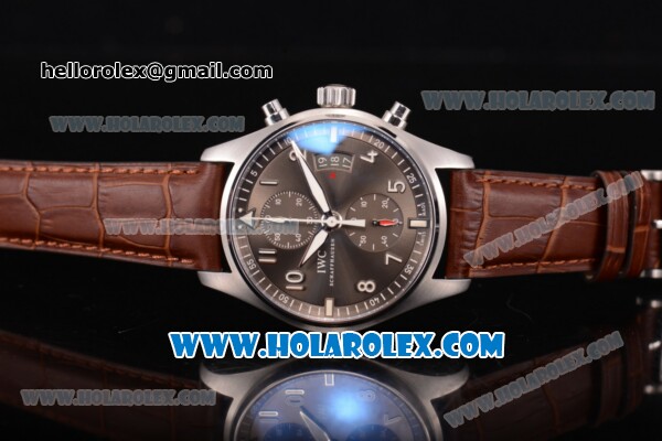 IWC Pilot's Watch Spitfire Chronograph Swiss Valjoux 7750 Automatic Steel Case with Grey Dial Arabic Numeral Markers and Brown Leather Strap - Click Image to Close