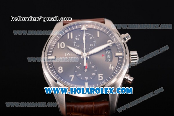 IWC Pilot's Watch Spitfire Chronograph Swiss Valjoux 7750 Automatic Steel Case with Grey Dial Arabic Numeral Markers and Brown Leather Strap - Click Image to Close