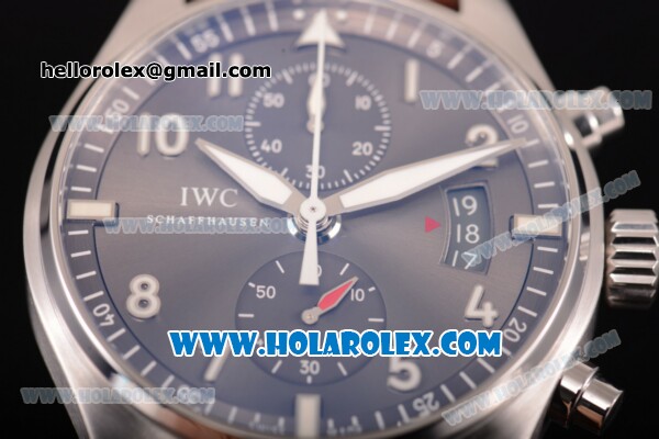 IWC Pilot's Watch Spitfire Chronograph Swiss Valjoux 7750 Automatic Steel Case with Grey Dial Arabic Numeral Markers and Brown Leather Strap - Click Image to Close