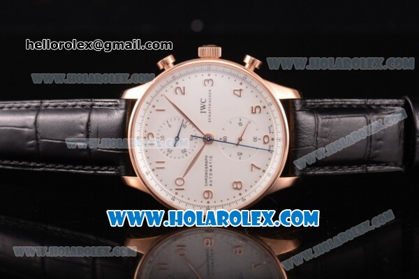 IWC Portugieser Chrono Swiss Valjoux 7750 Automatic Rose Gold Case with White Dial Black Leather Strap and Arabic Numeral Markers - 1:1 Original - Click Image to Close