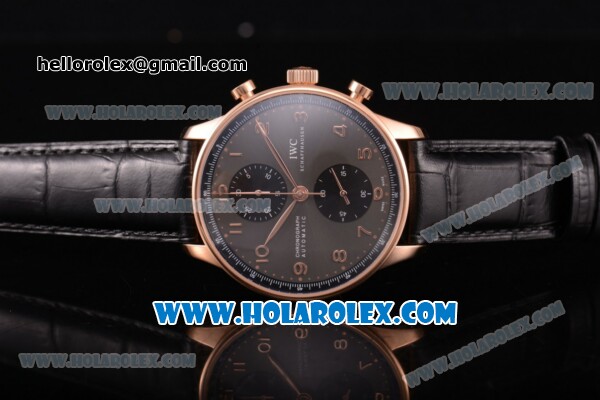 IWC Portugieser Chrono Swiss Valjoux 7750 Automatic Rose Gold Case with Grey Dial Black Leather Strap and Arabic Numeral Markers - 1:1 Original - Click Image to Close