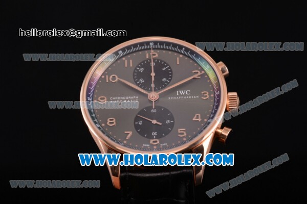 IWC Portugieser Chrono Swiss Valjoux 7750 Automatic Rose Gold Case with Grey Dial Black Leather Strap and Arabic Numeral Markers - 1:1 Original - Click Image to Close