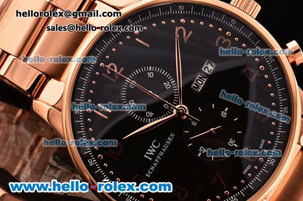 IWC Portuguese Chrono Japanese Miyota OS10 Quartz Rose Gold Case with Arabic Numeral Markers Black Dial and Rose Gold Strap - Click Image to Close