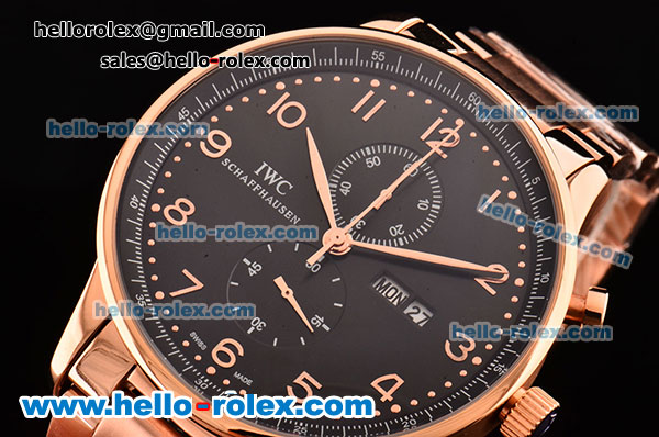 IWC Portuguese Chrono Japanese Miyota OS10 Quartz Rose Gold Case with Arabic Numeral Markers Black Dial and Rose Gold Strap - Click Image to Close