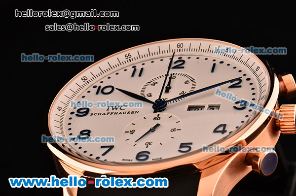 IWC Portuguese Chrono Japanese Miyota OS10 Quartz Rose Gold Case with White Numeral Markers White Dial and Black Rubber Strap - Click Image to Close