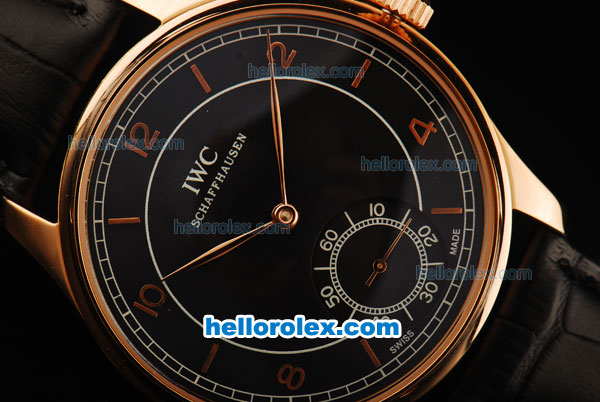 IWC Portuguese Vintage Asia 6497 Manual Winding Movement Rose Gold Case with Black Dial and Black Leather Strap - Click Image to Close