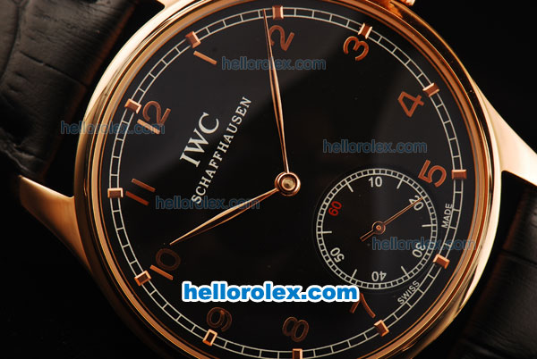 IWC Portuguese Asia 6497 Manual Winding Movement Rose Gold Case with Black Dial and Rose Gold Arabic Numerals-Black Leather Strap - Click Image to Close