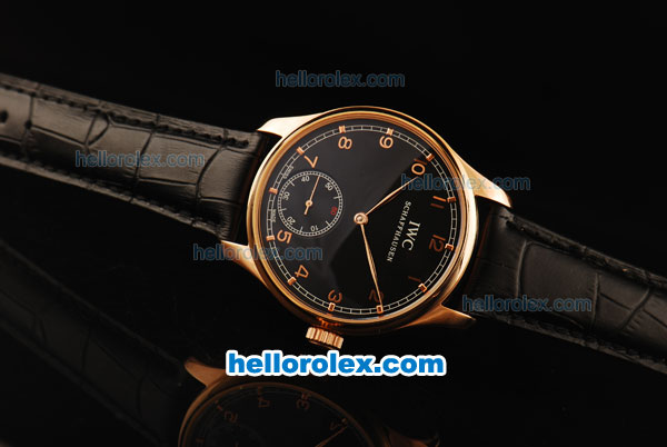IWC Portuguese Asia 6497 Manual Winding Movement Rose Gold Case with Black Dial and Rose Gold Arabic Numerals-Black Leather Strap - Click Image to Close