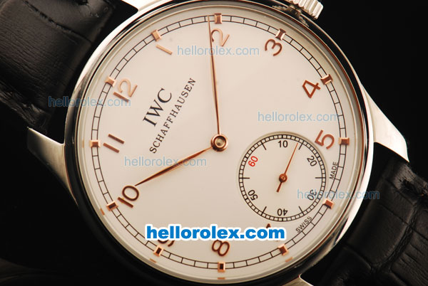 IWC Portuguese Asia 6497 Manual Winding Movement Steel Case with White Dial and Rose Gold Markers-Black Leather Strap - Click Image to Close