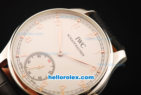 IWC Portuguese Asia 6497 Manual Winding Movement Steel Case with White Dial and Rose Gold Markers-Black Leather Strap - Click Image to Close