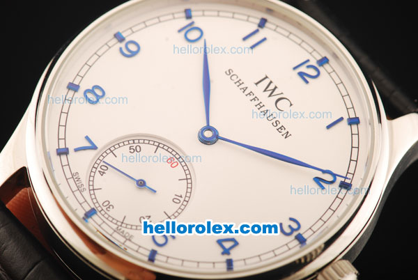 IWC Portuguese Asia 6497 Manual Winding Movement Steel Case with White Dial and Blue Markers-Black Leather Strap - Click Image to Close