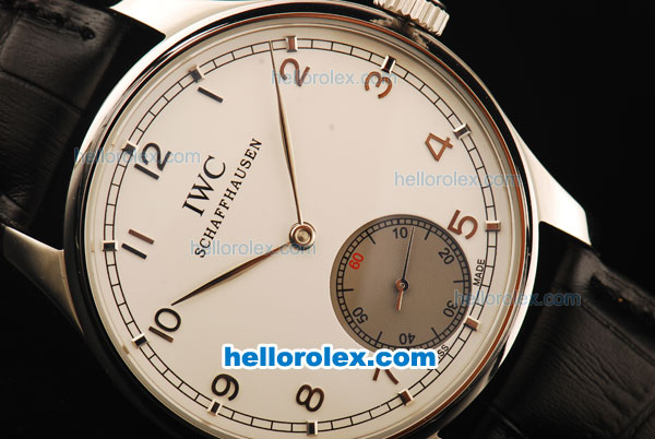 IWC Portuguese Asia 6497 Manual Winding Movement Steel Case with White Dial and Arabic Numerals-Black Leather Strap - Click Image to Close