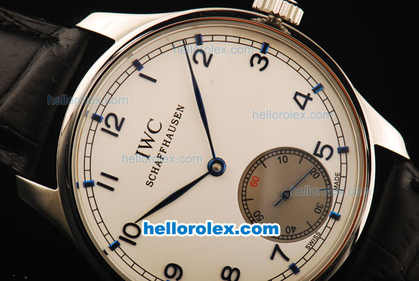 IWC Portuguese Asia 6497 Manual Winding Movement White Dial with Blue Markers and Black Leather Strap - Click Image to Close