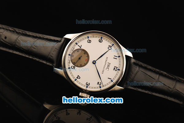 IWC Portuguese Asia 6497 Manual Winding Movement White Dial with Blue Markers and Black Leather Strap - Click Image to Close