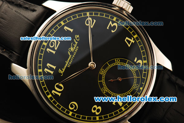 IWC Portuguese Manual Winding Movement Steel Case with Yellow Markers and Black Leather Strap - Click Image to Close