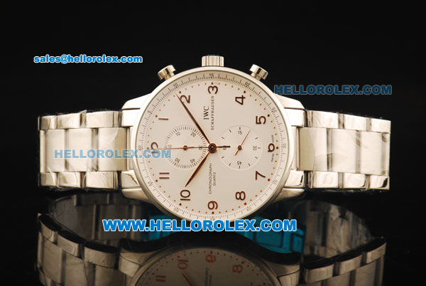 IWC Portuguese Chronograph Quartz Movement Full Steel with White Dial and Rose Gold Markers - Click Image to Close