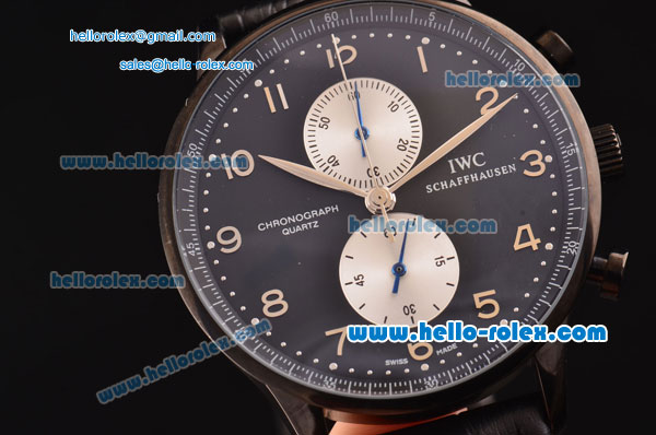 IWC Portuguese Chronograph Miyota OS10 Quartz PVD Case with Numeral Markers Black Dial and Black Leather Strap - Click Image to Close
