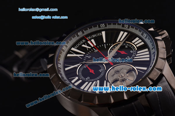 Roger Dubuis Excalibur Chronograph Miyota Quartz PVD Case with Black Dial and Black Leather Strap - Click Image to Close