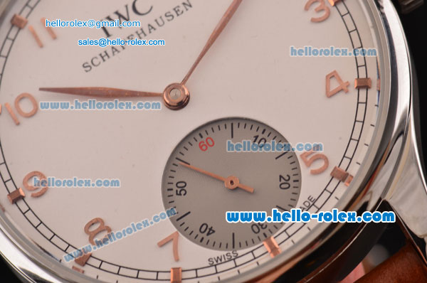 IWC Portuguese Hand-Wound AS 6497 Automatic Steel Case with White Dial Numeral Markers and Brown Leather Strap - Click Image to Close