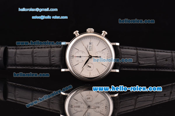 IWC Portofino Chronograph Swiss Valjoux 7750-SHG Automatic Steel Case with White Dial Stick Markers and Black Leather Strap 7750 Coating - Click Image to Close