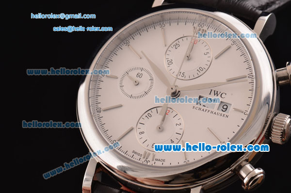 IWC Portofino Chronograph Swiss Valjoux 7750-SHG Automatic Steel Case with White Dial Stick Markers and Black Leather Strap 7750 Coating - Click Image to Close