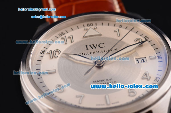 IWC Pilot's Mark XVI Swiss ETA 2892 Automatic Steel Case with Numeral Markers and Brown Leather Strap - Click Image to Close
