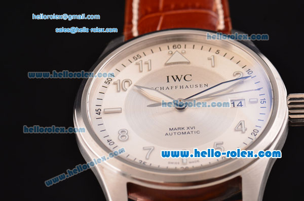 IWC Pilot's Mark XVI Swiss ETA 2892 Automatic Steel Case with Numeral Markers and Brown Leather Strap - Click Image to Close