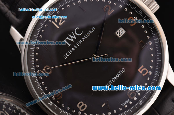 IWC Portuguese 2813 Automatic Steel Case with Numeral Markers Black Leather Strap and Black Dial - Click Image to Close