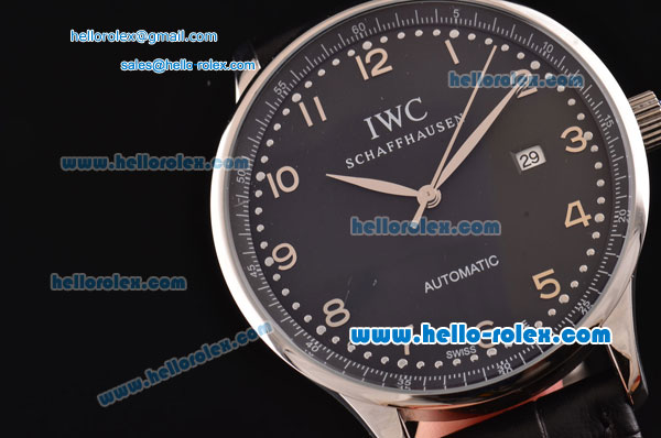 IWC Portuguese 2813 Automatic Steel Case with Numeral Markers Black Leather Strap and Black Dial - Click Image to Close