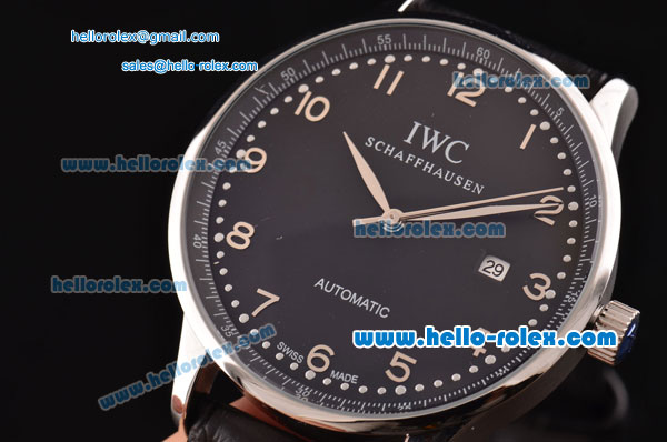 IWC Portuguese 2813 Automatic Steel Case with Numeral Markers Black Leather Strap and Black Dial - Click Image to Close