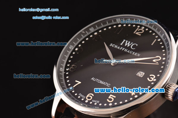 IWC Portuguese 2813 Automatic Steel Case with Numeral Markers Black Leather Strap and Black Dial - Click Image to Close