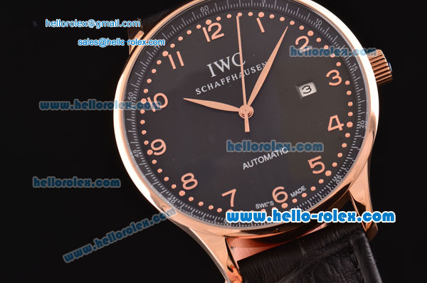 IWC Portuguese 2813 Automatic Rose Gold Case with Numeral Markers Black Leather Strap and Black Dial - Click Image to Close