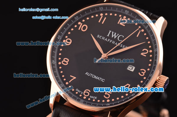IWC Portuguese 2813 Automatic Rose Gold Case with Numeral Markers Black Leather Strap and Black Dial - Click Image to Close