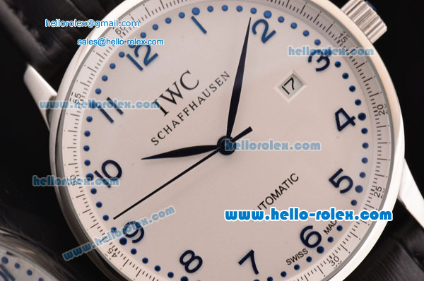 IWC Portuguese 2813 Automatic Steel Case with Blue Numeral Markers White Dial and Black Leather Strap - Click Image to Close