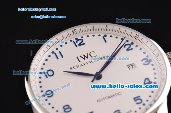 IWC Portuguese 2813 Automatic Steel Case with Blue Numeral Markers White Dial and Black Leather Strap - Click Image to Close