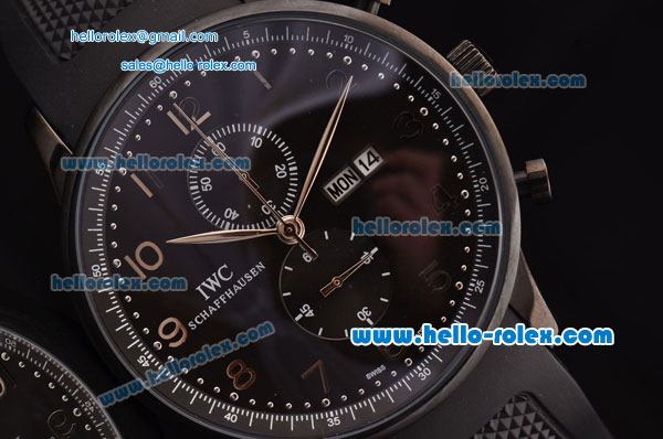 IWC Portuguese Chronograph Miyota OS10 Quartz PVD Case with Black Dial Black Rubber Strap and Numeral Markers - Click Image to Close