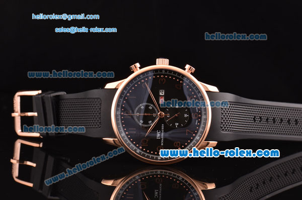IWC Portuguese Chronograph Miyota OS10 Quartz Rose Gold Case with Black Rubber Strap Black Dial and Numeral Markers - Click Image to Close