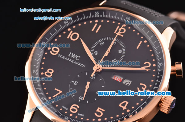 IWC Portuguese Chronograph Miyota OS10 Quartz Rose Gold Case with Black Rubber Strap Black Dial and Numeral Markers - Click Image to Close
