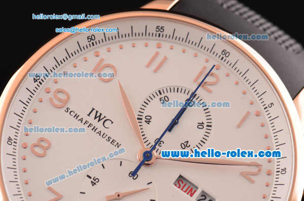 IWC Portuguese Chronograph Miyota OS10 Quartz Rose Gold Case with Black Rubber Strap White Dial and Numeral Markers - Click Image to Close