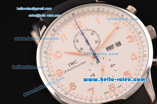 IWC Portuguese Chronograph Miyota OS10 Quartz Steel Case with Rose Gold Markers White Dial and Black Rubber Strap - Click Image to Close