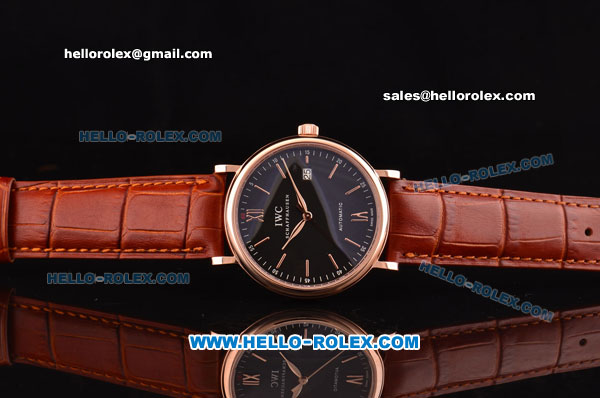 IWC Portofino Vintage Swiss ETA 2892 Automatic Rose Gold Case with Brown Leather Strap and Black Dial - Click Image to Close