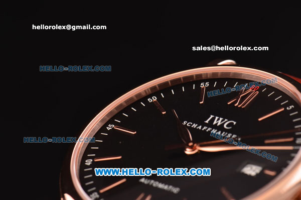 IWC Portofino Vintage Swiss ETA 2892 Automatic Rose Gold Case with Brown Leather Strap and Black Dial - Click Image to Close