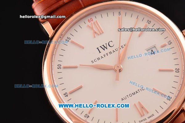 IWC Portofino Vintage Swiss ETA 2892 Automatic Rose Gold Case with Brown Leather Strap and White Dial - Click Image to Close