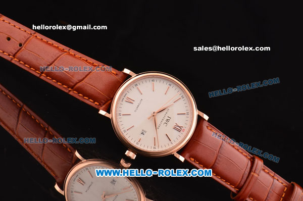 IWC Portofino Vintage Swiss ETA 2892 Automatic Rose Gold Case with Brown Leather Strap and White Dial - Click Image to Close